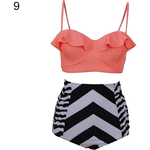Women Summer Fashion Ruffles Plaid Floral Zebra High Waist Swimsuit Beach Bikini Set for Beachwear Water Sports