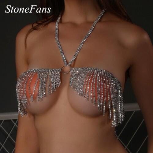 Stonefans Fringed Lingerie Top Bodysuit Erotic Accessoires Hot for Women Rhinestone Hollow Transparent Showgirl Body Chain Belt
