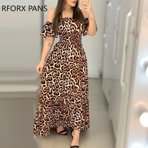 Women Off Shoulder Cheetah Print Shirring Design Ruffles Maxi Dress Elegant Sexy Party Dress