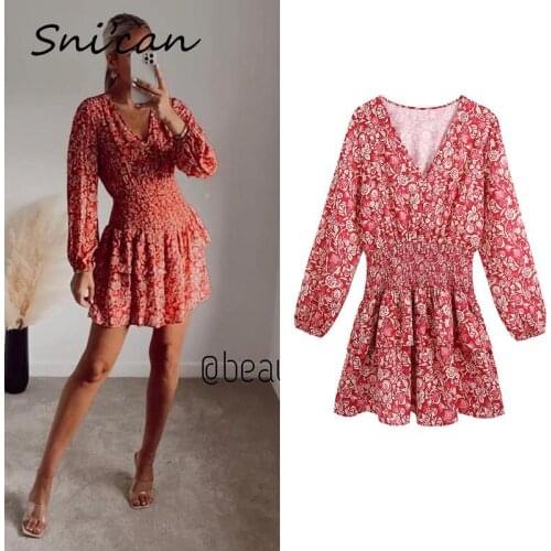 Floral Cascading Ruffle Dress Women Summer V Neck Long Sleeve Elastic Waist Maxi Casual Mini Dresses Za 2021 Sukienka Letnia