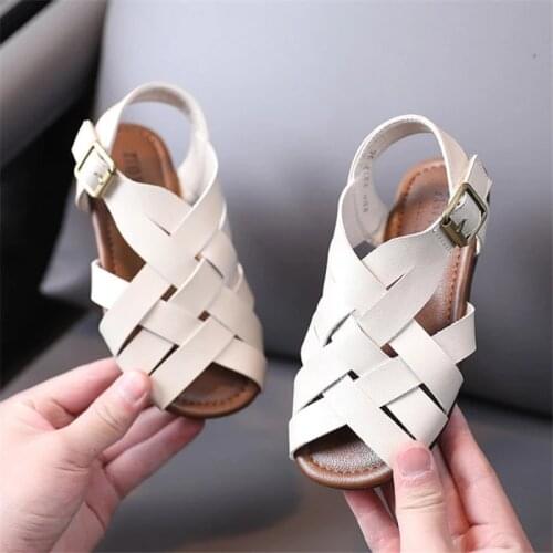 2021 New Summer Childrens Sandals Genuine Leather Toddler Kids Shoes Fashion Braided Fish Mouth Girls Sandals 21-30