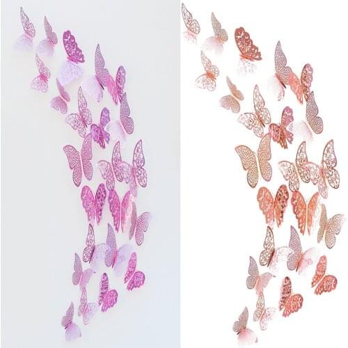 3Sets 36Pcs Pink/Rose Gold Hollow Butterflies 3D Wall Sticker Decal DIY Decor Poster For Home Butterflies Stickers Party Wedding