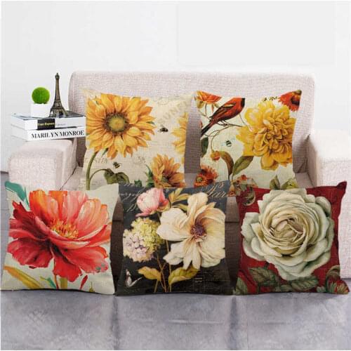 45cm*45cm Vintage Tulip Watercolor Sunflowers Plant Linen/Cotton Throw Pillow Covers Couch Cushion Cover Home Decor Pillowcase