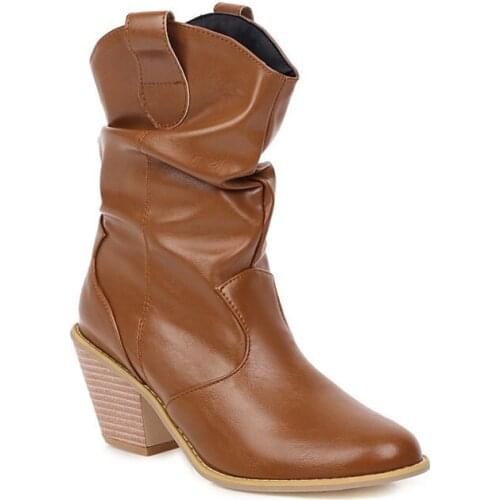 Fashion Western Cowboy Boots For Women Autumn Winter Ankle Boots PU Leather Shoes Ladies Short Booties High Heels EU 34-43 PW163