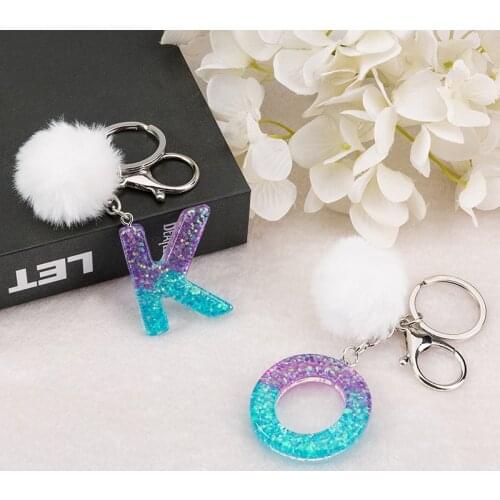 1PC Keyring purple blue color English Letter Resin Keychain with Puffer Ball 26 English word A TO Z Handbag Charms for Woman