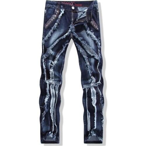 Free Shipping New2020 mens male fashion patchwork spliced ripped jeans Male personality leather rivet slim straight denim pants