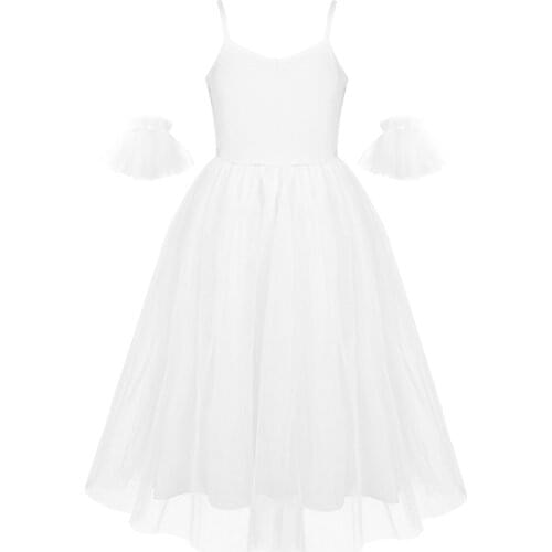 Kids Girls Ballet Dance Dresses Performance Spaghetti Shoulder Straps Dancewear Mesh Long Dress with Ruffled Arm Sleeves Set