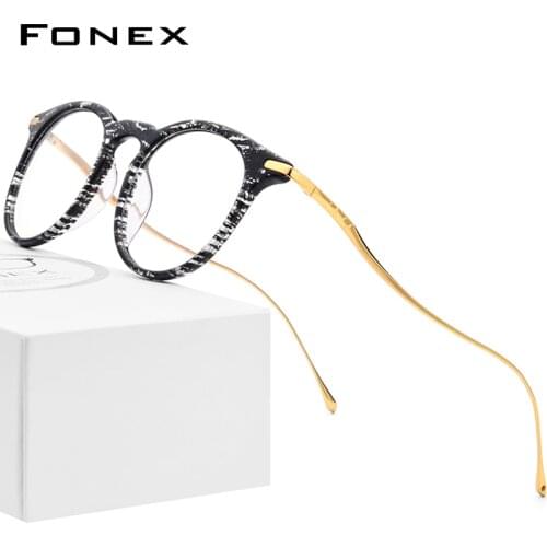 FONEX Titanium Acetate Glasses Men Prescription Vintage Optical Eyeglasses Frame Women Retro Round Myopia Spectacle Eyewear 857