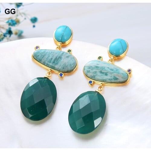 GuaiGuai Jewelry Natural Gems Amazonites Turquoises Green Agates Dangle Stud Earrings For Women