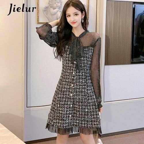 Jilur Vintage Elegant Dress Mesh Women Autumn Fashion 2020 New Korean Long Sleeves Vestidos De Fiesta Slim Spliced Dresses