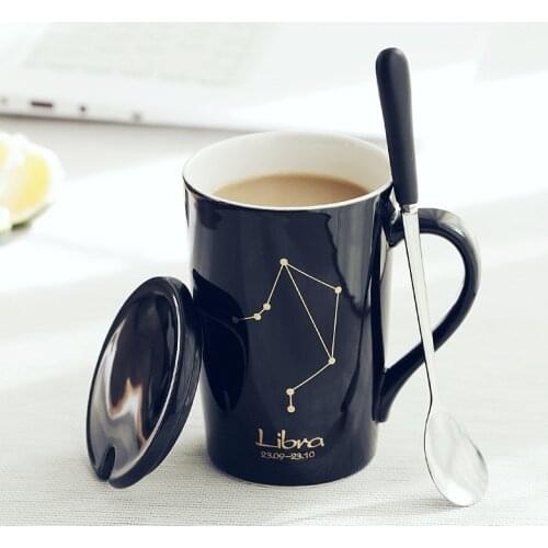 Ceramic Mug 12 Constellation Creative Mug With Spoon Cover Black/White Ceramic Milk Coffee Cup Mens and Womens Teacup