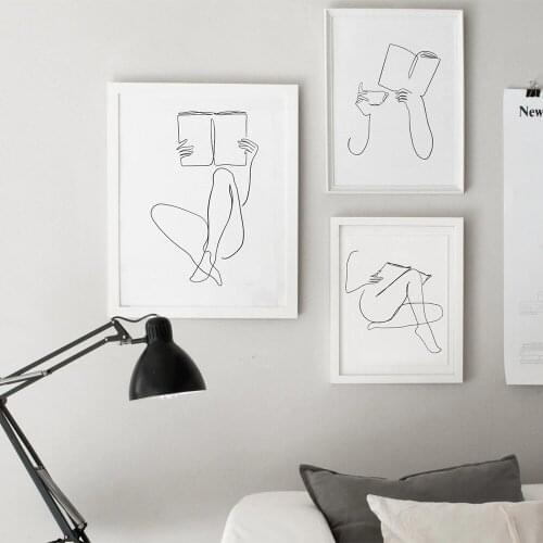 Reading Book Girls Coffee Line Drawing Picture Home Decor Nordic Canvas Painting Wall Art Posters and Prints for Living Room