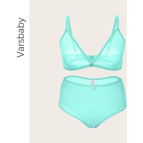 Varsbaby wire free unlined transparent deep V lingerie yarn high-waist S M L XL underwear set for women