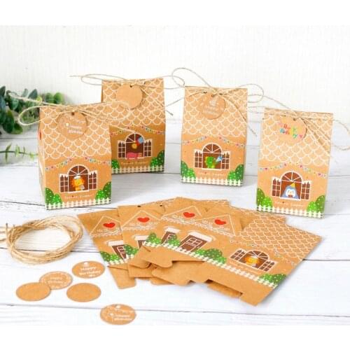 12pcs House Shape Kraft Paper Candy Box With Tag Rope DIY Favor Gifts Boxes Baby Shower Birthday Wedding Christmas Party Decor