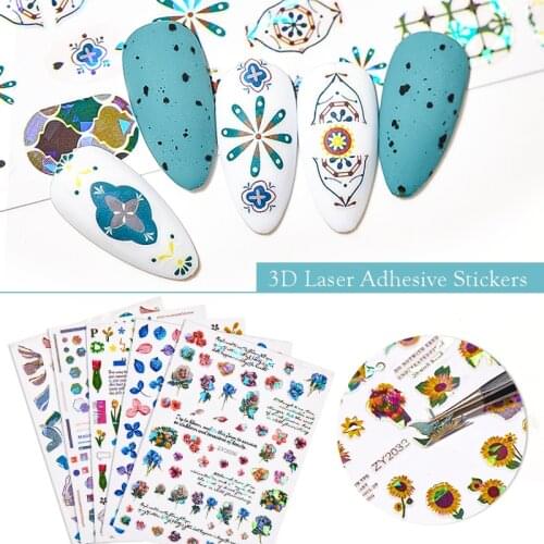 Laser 3D Nail Stickers Fan Leaf Dried Flower Summer Sliders Nail Art Decorations Lucky Clover Fashion Foil Manicure