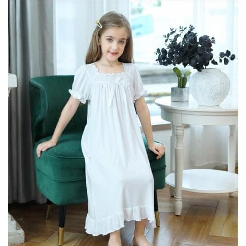 Summer Night Dress Children Pajama Children Home Clothing Baby White Bow Cotton Nightgown Girl Sleepwear Kids Clothes 6 8 10Year
