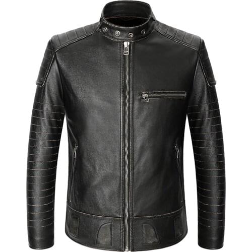 New Head Layer Cowhide Jacket Mens Genuine Cowhide Coat Frayed Wear Retro Motorcycle Leather Jacket