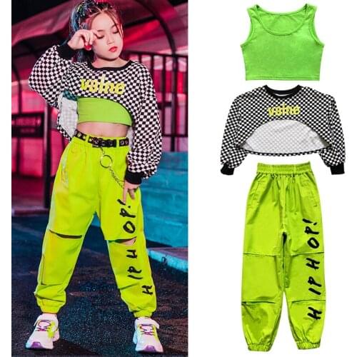 New Girls Hip Hop Clothing Jazz Costume Lattice Tops Fluorescent Green Pants Modern Show Outfit Rave Kids Hip Hop Clothes