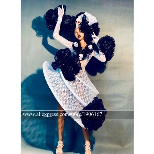 Nightclub Bar Skull Ballroom Costume Party Event Party Dress Stage Performance Black Flowers White Clothes Skull Headdress