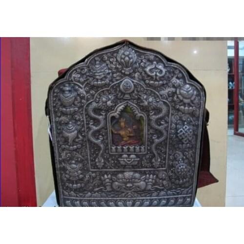 Song voge gem S0289 Tibet Buddhism White Copper Lucky Eight treasures Dragon Manjusri TangKa shrine
