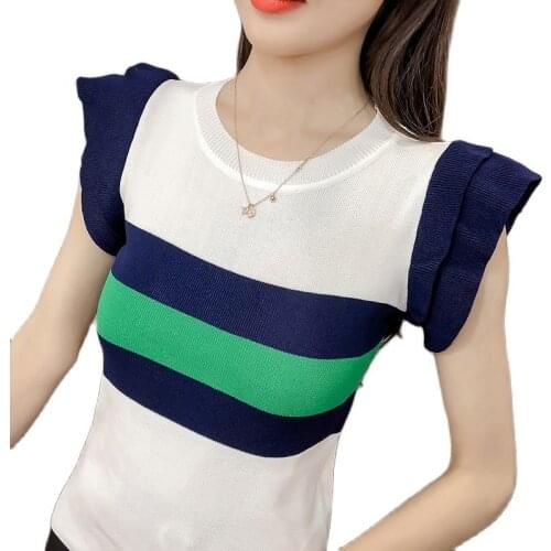 Striped Knitted Tank Tops Crop Top Women Summer 2021 Sexy Female Mujer Camisetas Ruffles Vest Femme Topy Damskie Woman Clothes