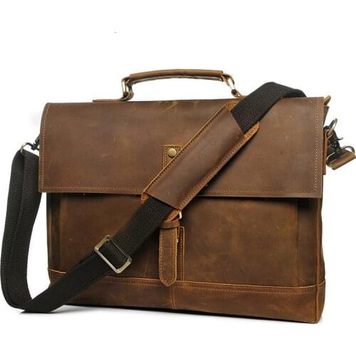 Retro Crazy Horse Leather Mens Portable Briefcase Designer Natural cowhide Multifunctional Office Laptop Shoulder Messenger Bag