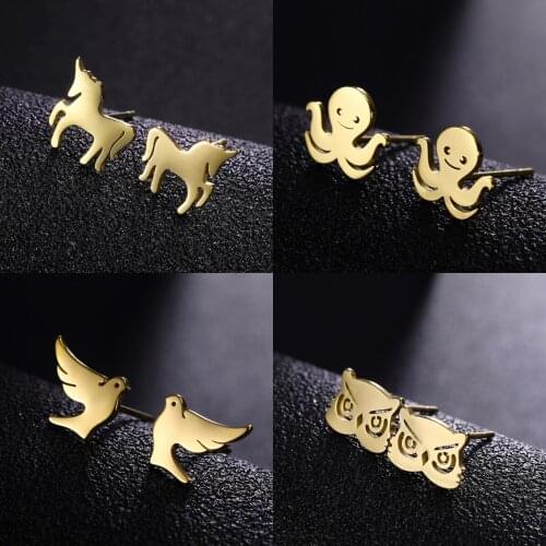 Sipuris Unicorn Peace Dove Owl Butterfly Bear Dinosaur Fish Shark Earrings Stainless Steel Animal Earring For Women Jewelry Gift