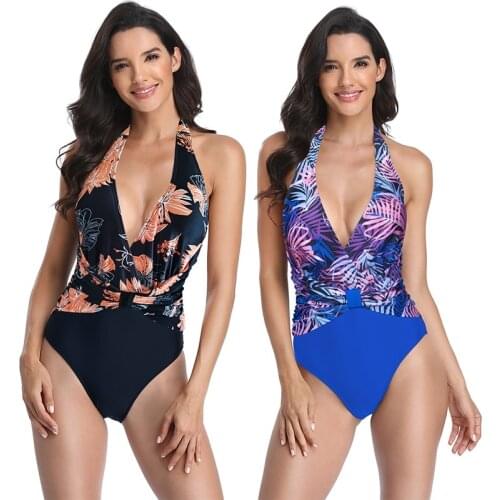 Sexy Bikini One-Piece Swimming Suit Women Beach Wear Backless Halter Deep V Patchwork Swimsuit Slim Swimwear