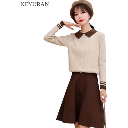 Fashion Korean Elegant Knitted 2 Pieces Sets Hit Color Single Breasted Long Sleeve Knitting Sweater Tops and A-Line Skirt Suit