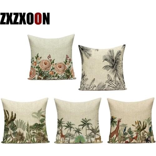Tropical Plants Flower Trees Animals Giraffe Peacock Polyester Decorative Throw Pillows Cushion Cover Case for Living Room