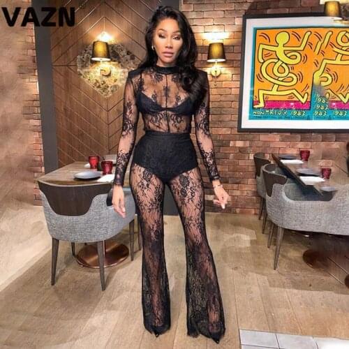 VAZN 2020 New Arrival Lace See Through Open Elegant Sexy Club Full Sleeve Women High Waist Long Boot Cut Jumpsuits