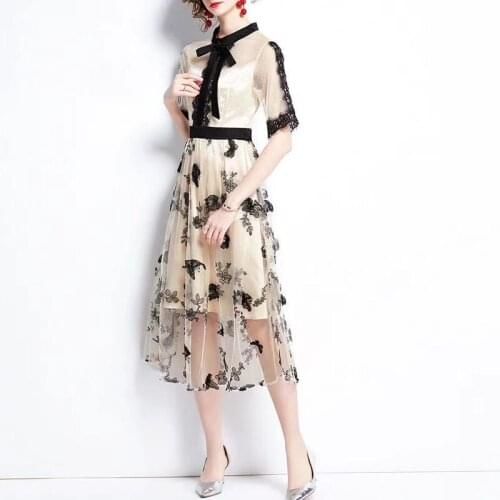 IVY HE High Quality Summer Dress Woman Clothing Heavy Industry Patchwork Mesh Embroidery Lace Up Midi Long Dress Vintage Dresses