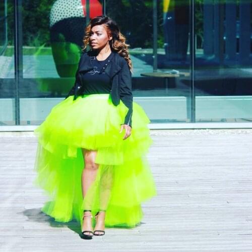 Chic Neon Green High Low Tulle Women Skirts 2020 Puffy Ruffles Tiered Long Tulle Skirt To Party Custom Made Elastic