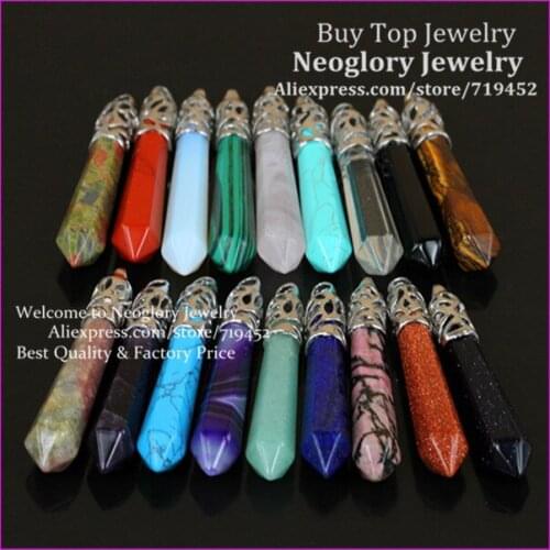 20PCS Wholesale Mixed Order Crystal Wand Gems Stone Hexagon Prism Point Pendulum Pendant Stone Quartz Pendant Fit Necklace