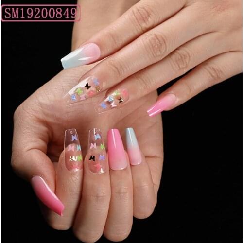 24pcs Coffin Ballerina Fake Nail Butterfly Pattern Nail Tips Full Cover French Long Stiletto Press On Nail Acrylic Manicure Tool