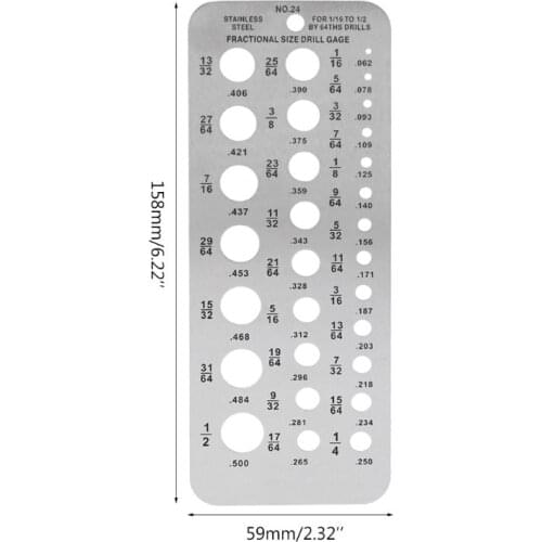 29 Fractional Size Drill Gauge Stainless Steel Template Drill Gage for 1/16 to 1/2 by 64ths drills