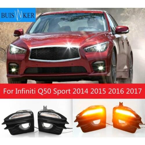Car Front Fog Lights Grille Cover + LED Daytime Running Light Lamp For Infiniti Q50 Sport 2014 2015 2016 2017 Signal day lights