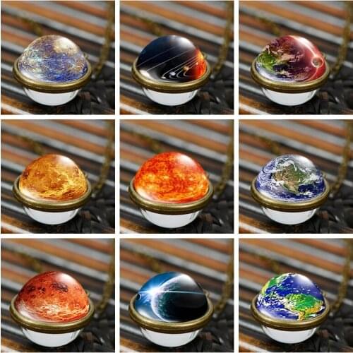 SIAN Vintage Earth Planet Moon Double Sided Glass Necklace Solar System Astronomy Series Bronze Silver Plated Exquisite Jewelry
