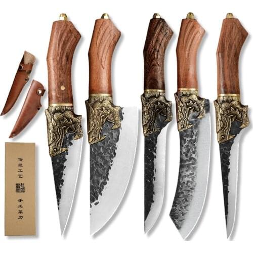 Chinese Slicer High Qanlity Dragon Handle 6'' Slicing 7'' Boning 5'' Paring 6.5'' Utility Knife Leather Cover Heavy Duty