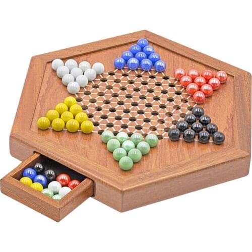 Classic Wooden Chinese Checkers 12 Inches with Drawers Halma Board Game Fine Glass Beads Family Multiplayer