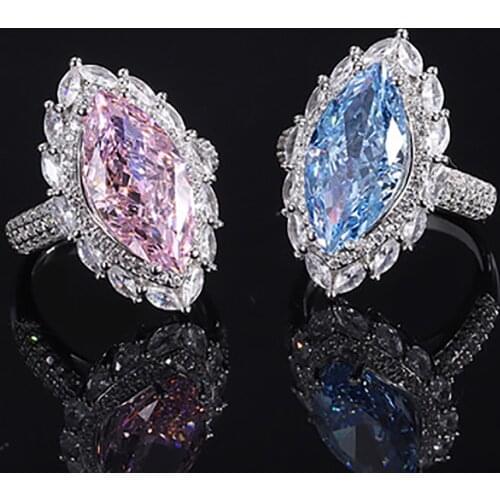 Luxury 100% Silver 925 Rings For Women 9*18mm Aquamarine Pink Quartz Gemstone Lab Diamond Wedding Ring Fine Jewelry Gift