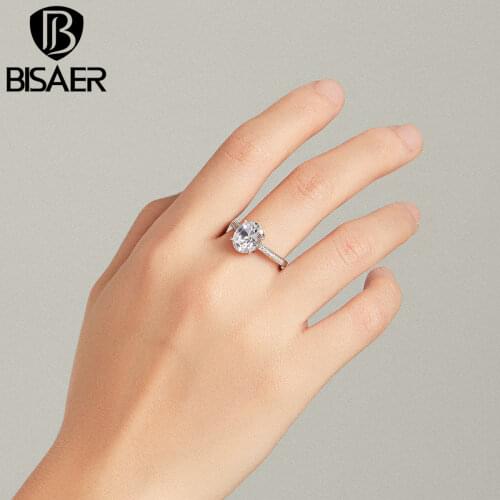 BISAER Shining Heart Rings 925 Sterling Silver Simple Square Zirconia Finger Ring For Women Wedding Luxury Fine Jewelry EFR164
