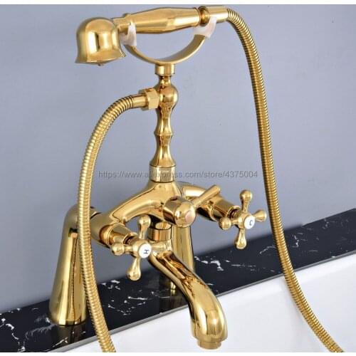 Deck Mounted Gold Color Brass Clawfoot Bathtub Faucet Telephone Style Bath Shower Water Mixer Tap with Handshower Ntf773