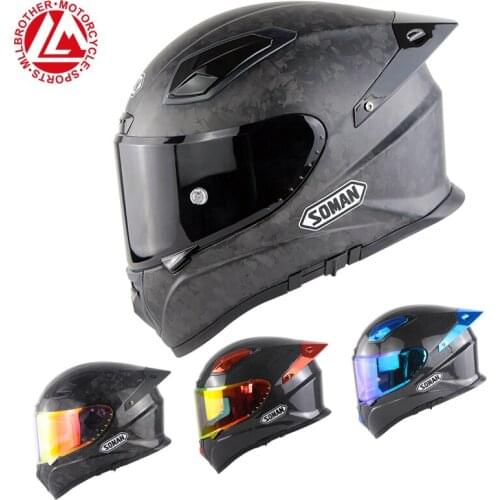 SOMAN Full Face Motorcycle Helmet Color Lens Black Carbon Fiber Racing Casque Moto ECE Men Women Road Street Visor Casco Moto