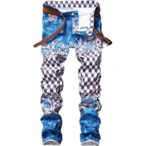 New Pattern Designer Jeans Denim Pant Men Slim Fit Full Length Trousers Moda Hombre 2018 Erkek Kot Pantolon Royal Printed Jeans