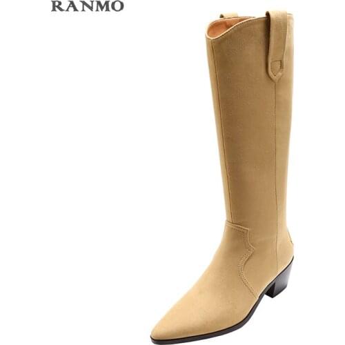 Autumn New Pointed Toe Knee High Boots Womens Boots Suede Material Boots High Heels Cowboy Boots Rider Boots Temperament Boots