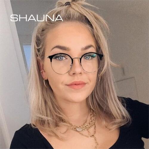 SHAUNA Retro Round TR90 Metal Women Optical Eyeglasses Frame Fashion Clear Anti Blue Light Men Spring Hinge Glasses Frame