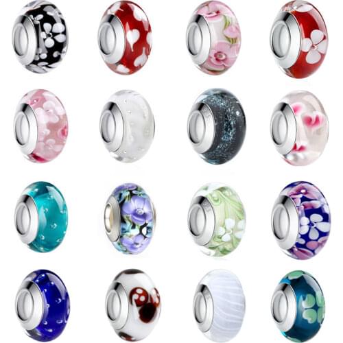 BISAER Wholesale 9 Styles Silver Plated European Murano Glass Beads Fit BISAER Bracelets & Necklaces DIY Accessories WEU6326