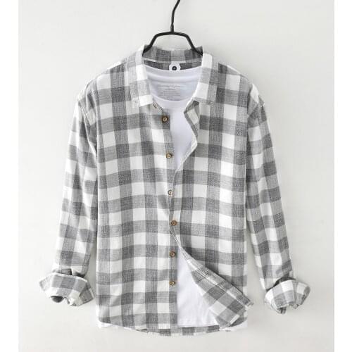 Plaid Long Sleeve Shirt for Men Pure Cotton Casual Turn-down Collar Tops Male Fashion Lattice Vintage Clothing 2021 New