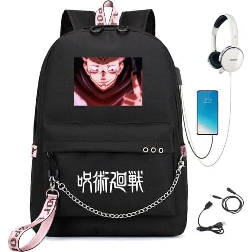 Cartoon Anime USB Backpack Ladies Travel Backpack Large Mochila Escolar with Chain Ladies Mens Teen Schoolbags